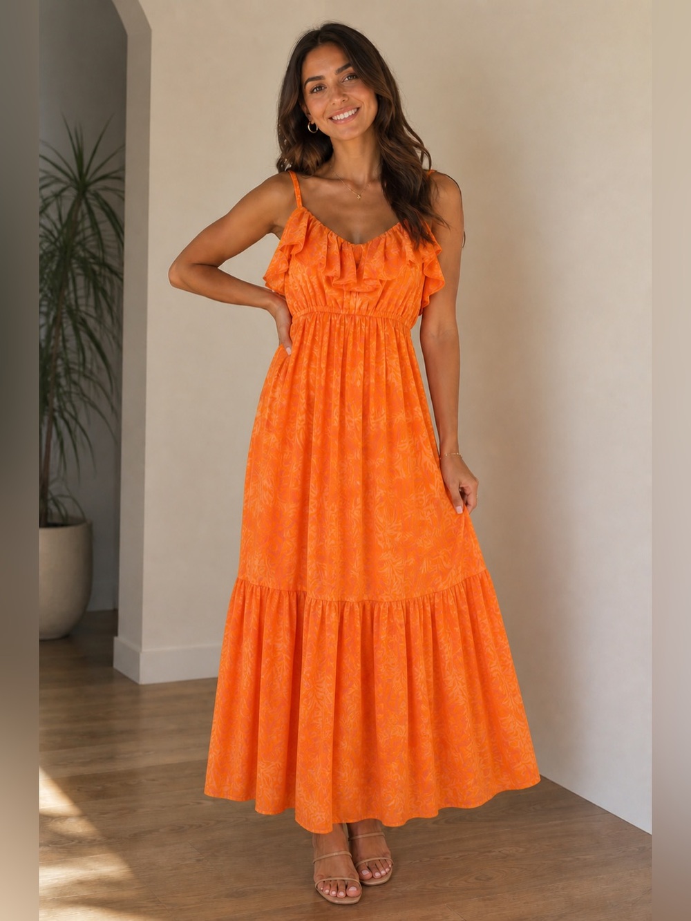 Sleeveless Orange Maxi Dress with Ruffle Bodice